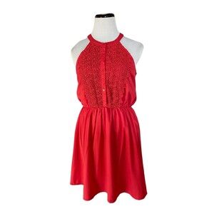 ModCloth‎ Doe & Rae Womens Blouson Dress Size M Red Floral Crochet Buttons Lined